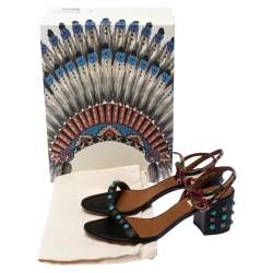 Pre Owned Valentino Black Leather And Fabric Studded Heel Ankle Strap Sandals Size 38.5