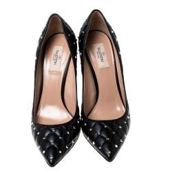 Pre Owned Valentino Black Quilted Leather Rockstud Spike Pointed Toe Pumps Size 41