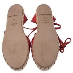 Pre Owned Valentino Red Floral Lace Espadrille Ankle Wrap Flats Sandals Size 36
