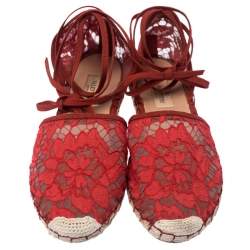 Pre Owned Valentino Red Floral Lace Espadrille Ankle Wrap Flats Sandals Size 36