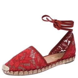 Pre Owned Valentino Red Floral Lace Espadrille Ankle Wrap Flats Sandals Size 36