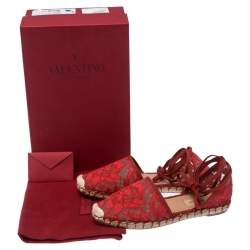 Pre Owned Valentino Red Floral Lace Espadrille Ankle Wrap Flats Sandals Size 36