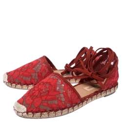 Pre Owned Valentino Red Floral Lace Espadrille Ankle Wrap Flats Sandals Size 36