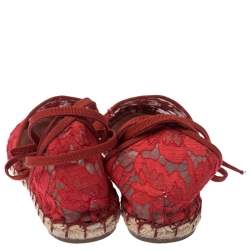 Pre Owned Valentino Red Floral Lace Espadrille Ankle Wrap Flats Sandals Size 36