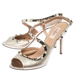 Pre Owned Valentino Metallic Gold Leather Rockstud Ankle Strap Sandals Size 39