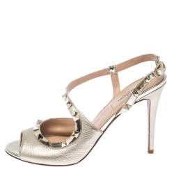 Pre Owned Valentino Metallic Gold Leather Rockstud Ankle Strap Sandals Size 39