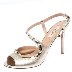 Pre Owned Valentino Metallic Gold Leather Rockstud Ankle Strap Sandals Size 39