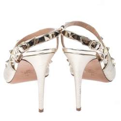 Pre Owned Valentino Metallic Gold Leather Rockstud Ankle Strap Sandals Size 39
