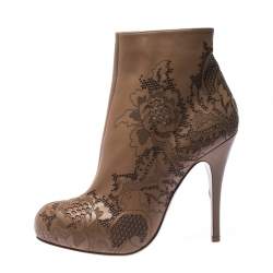 Pre Owned Valentino Nude Beige Lasercut Leather Ankle Boots Size 39.5