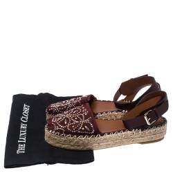 Pre Owned Valentino Burgundy Embellished Suede and Leather Ankle Strap Espadrilles Size 39