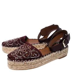 Pre Owned Valentino Burgundy Embellished Suede and Leather Ankle Strap Espadrilles Size 39