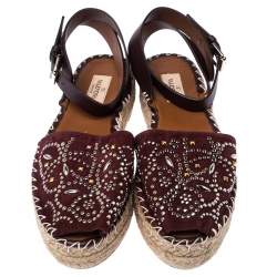 Pre Owned Valentino Burgundy Embellished Suede and Leather Ankle Strap Espadrilles Size 39