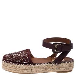Pre Owned Valentino Burgundy Embellished Suede and Leather Ankle Strap Espadrilles Size 39