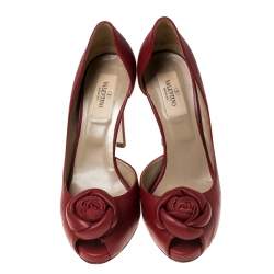 Pre Owned Valentino Red Rose Applique Leather D'Orsay Pumps Size 36