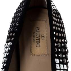 Pre Owned Valentino Black Suede With Studs And Crystals Ballet Flats Size 38