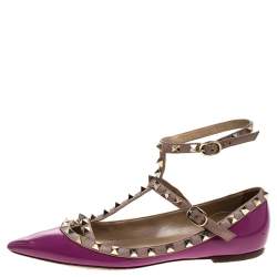 Pre Owned Valentino Purple Patent Leather And Leather Rockstud Double Ankle Strap Cage Ballerina Flats Size 38