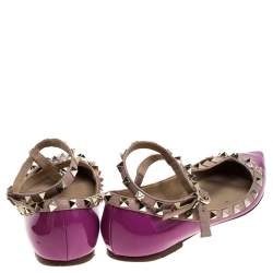 Pre Owned Valentino Purple Patent Leather And Leather Rockstud Double Ankle Strap Cage Ballerina Flats Size 38