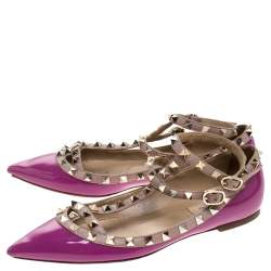 Pre Owned Valentino Purple Patent Leather And Leather Rockstud Double Ankle Strap Cage Ballerina Flats Size 38