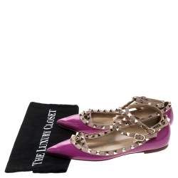 Pre Owned Valentino Purple Patent Leather And Leather Rockstud Double Ankle Strap Cage Ballerina Flats Size 38