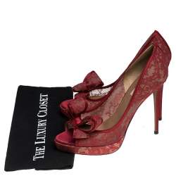Pre Owned Valentino Red Lace Bow Peep Toe Platform Pumps Size 41