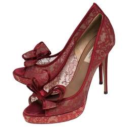 Pre Owned Valentino Red Lace Bow Peep Toe Platform Pumps Size 41