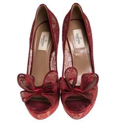 Pre Owned Valentino Red Lace Bow Peep Toe Platform Pumps Size 41
