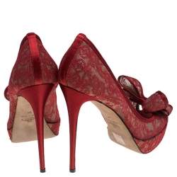 Pre Owned Valentino Red Lace Bow Peep Toe Platform Pumps Size 41