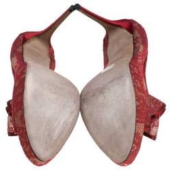 Pre Owned Valentino Red Lace Bow Peep Toe Platform Pumps Size 41
