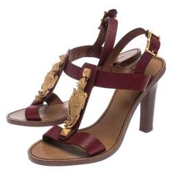 Pre Owned Valentino Burgundy Leather Scarab T-Strap Sandals Size 37