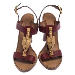 Pre Owned Valentino Burgundy Leather Scarab T-Strap Sandals Size 37