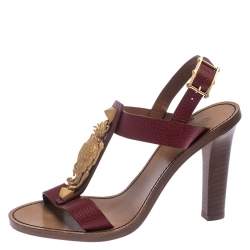 Pre Owned Valentino Burgundy Leather Scarab T-Strap Sandals Size 37