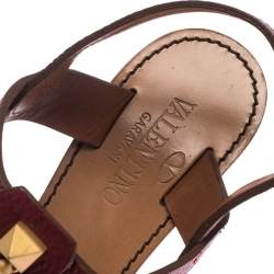 Pre Owned Valentino Burgundy Leather Scarab T-Strap Sandals Size 37