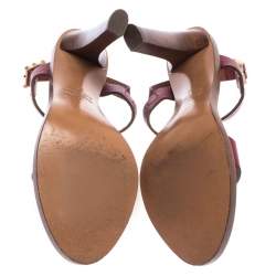 Pre Owned Valentino Burgundy Leather Scarab T-Strap Sandals Size 37