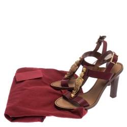 Pre Owned Valentino Burgundy Leather Scarab T-Strap Sandals Size 37