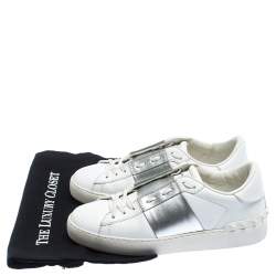 Pre Owned Valentino White/Metallic Silver Band Leather Open Low Top Sneakers Size 37.5