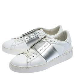 Pre Owned Valentino White/Metallic Silver Band Leather Open Low Top Sneakers Size 37.5