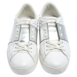 Pre Owned Valentino White/Metallic Silver Band Leather Open Low Top Sneakers Size 37.5