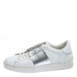 Pre Owned Valentino White/Metallic Silver Band Leather Open Low Top Sneakers Size 37.5