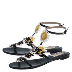 مملوكة مسبقًا Valentino Green Leather Loves Me Not Floral Flat Sandals Size 37