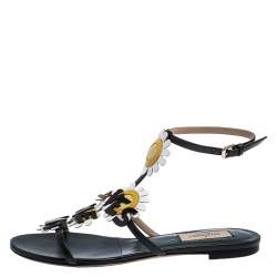 مملوكة مسبقًا Valentino Green Leather Loves Me Not Floral Flat Sandals Size 37