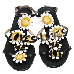 مملوكة مسبقًا Valentino Green Leather Loves Me Not Floral Flat Sandals Size 37