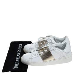 Pre Owned Valentino White And Gold Band Leather Open Low Top Sneakers Size 36