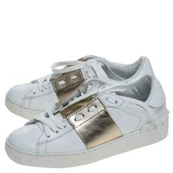 Pre Owned Valentino White And Gold Band Leather Open Low Top Sneakers Size 36
