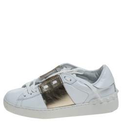 Pre Owned Valentino White And Gold Band Leather Open Low Top Sneakers Size 36