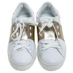 Pre Owned Valentino White And Gold Band Leather Open Low Top Sneakers Size 36