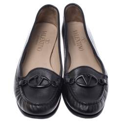 Pre Owned Valentino Black Leather Loafer Flats Size 38
