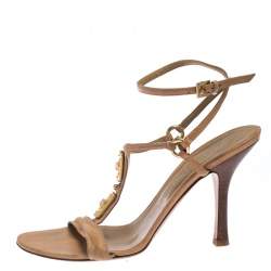Valentino Beige Crystal Embellished Leather T Strap Sandals Size 38