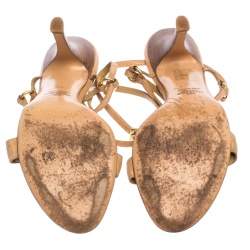 Valentino Beige Crystal Embellished Leather T Strap Sandals Size 38