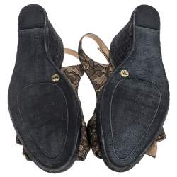 Pre Owned Valentino Black/Beige Lace Bow Slingback Wedge Espadrille Sandals Size 39.5