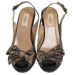 Pre Owned Valentino Black/Beige Lace Bow Slingback Wedge Espadrille Sandals Size 39.5